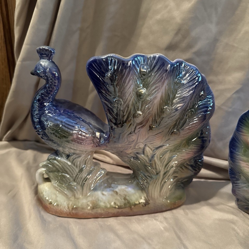 Vintage Ceramic Peacock Figurines Pair Iridescent Finish Bird Statues Decor Item image 12