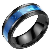 Synthetic Blue Topaz Ring Black Stainless Steel Azure Wedding Band Mens Womens - £13.54 GBP