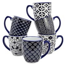 Elama Flyn 6 Piece 16 Ounce Assorted Design Stoneware Mug Set in Navy Bl... - $54.07