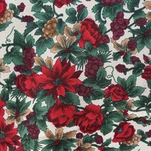 VTG Fabric Christmas Print Poinsettia Grapes Red Green Remnant Flowed Floral - £5.63 GBP