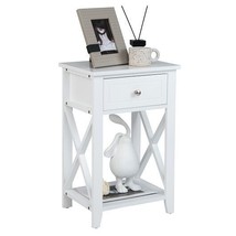 Storage End Bedside Drawer Nightstand w/ Bottom Shelf-White - Color: White - $79.39