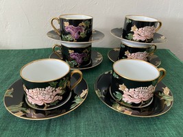 Set Of 6 Fitz &amp; Floyd Cloisonne Peony Black Cups And Saucers - £95.69 GBP