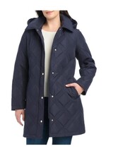 Jones New York Womens Jacket Navy Blue Quilt Hood Tie Belt Pockets Heavy... - $64.99