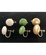 3 Vintage Screw-Back Button Cabochon Earrings glass and faux peachpearl - $19.72