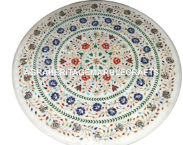 24&quot; Marble Round Marquetry Top Coffee Table Lapis Inlay Floral Mosaic Art H2945 - £538.12 GBP