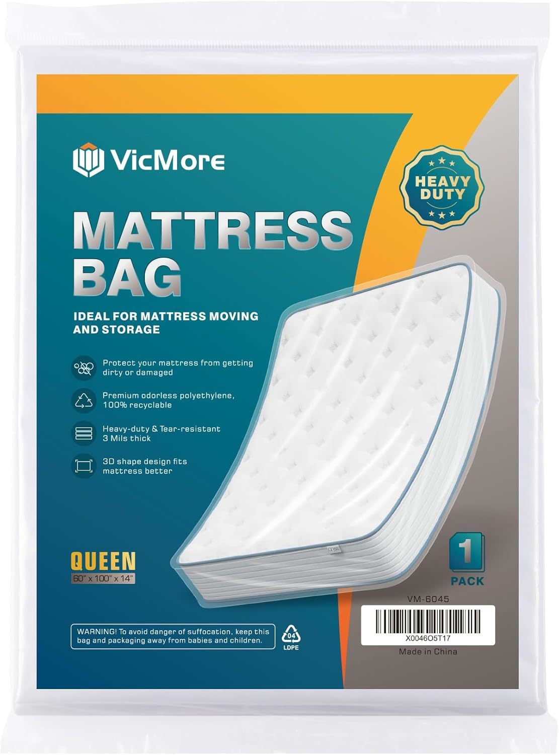 Vicmore Heavy-Duty Queen Mattress Moving Bag, 60&quot; X 100&quot; Durable, Disposal - $41.95