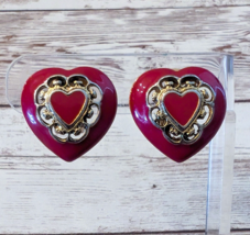 Vintage Clip On Earrings Red Heart with Cut Out Design - $15.99