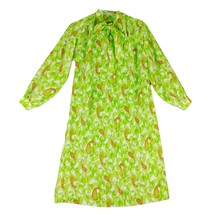 Vintage Mid-Century Green Paisley Puff Sleeve Sheer Mod Dress Necktie Bow Collar - £49.25 GBP