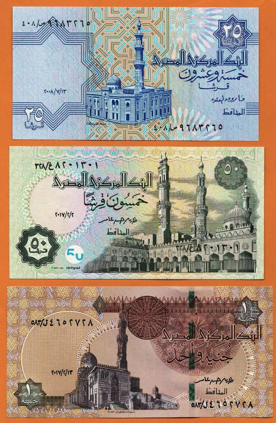 EGYPT Set 3 x UNC  25, 50 Piastres &amp; 1 Pound. Banknotes Paper Money Bills - $1.85