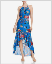 Parker  Sz 8 Davina Halter Dress Blue Silk Zinnia Floral Keyhole Hi-Low ... - $89.09