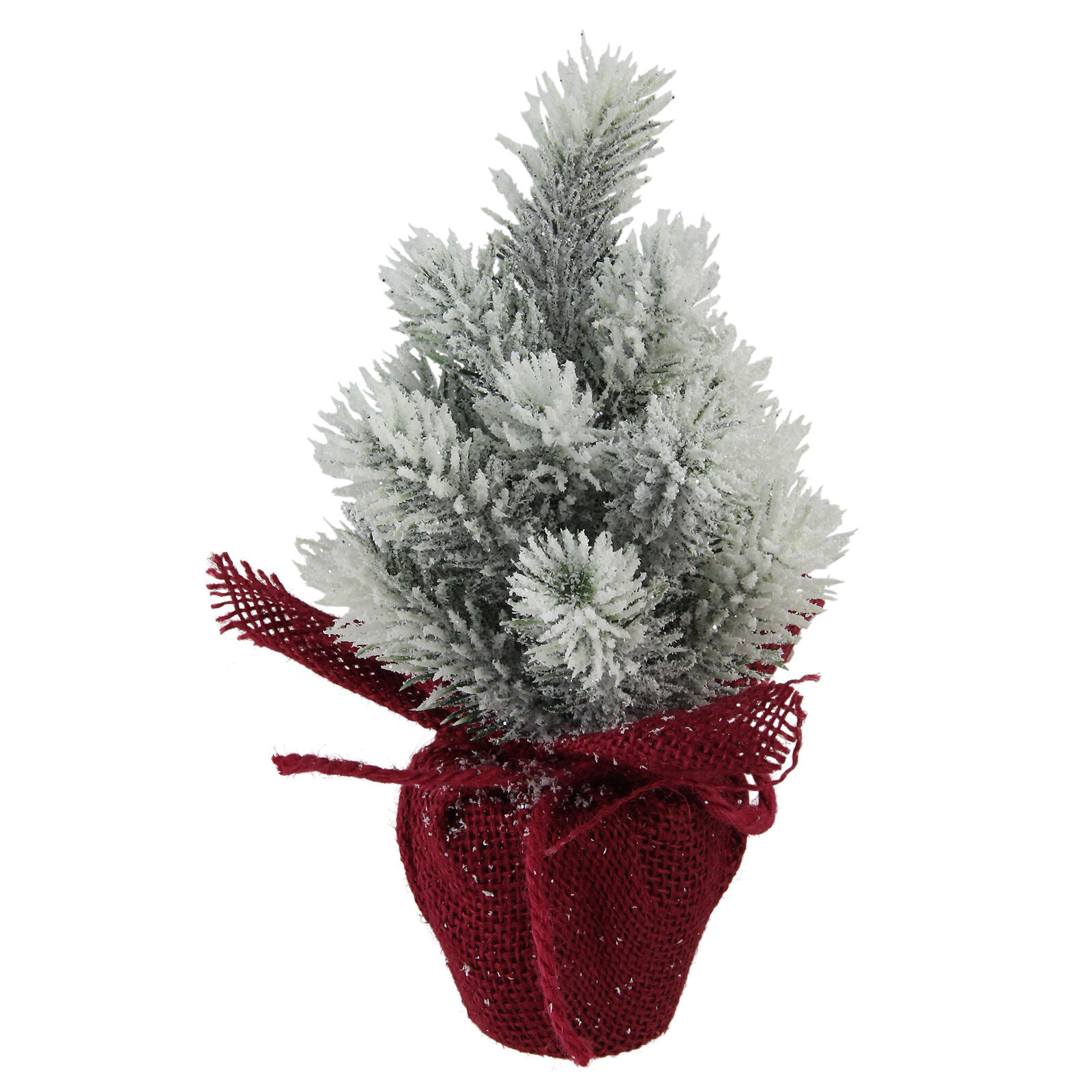 US Seller 8.5&quot; Flocked Mini Pine Christmas Tree Berries In Red Burlap Va... - $24.98
