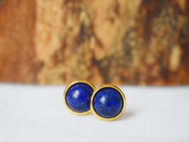 Lapis Stud Earrings Gold, Blue Lapis Earrings Gold, Round, Minimalist, 8mm, Lapi - £24.70 GBP