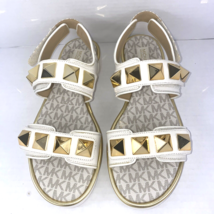 Michael Kors Stark Studded Woman&#39;s Sandals White Logo Gold Pyramid Studs 9 B3H - £56.08 GBP