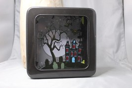 Halloween Tin with See Through Top Haunted House Bats Graveyard 7.5&quot; Square - £6.04 GBP