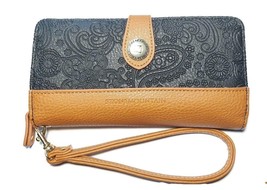 NEW $68 STONE MOUNTAIN Leather Paisley Embossed Black Tan SLG Wristlet W... - $34.99
