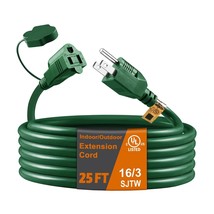 25 Ft Indoor/Outdoor Extension Cord, Green 16/3 Sjtw 3 Prong Plug, Waterproof &amp;  - £33.70 GBP