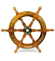 Antique Beach Wooden Brass Boat Ship Steering Wheel 18&quot; Home Wall Decor - £43.70 GBP