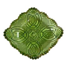 McKee Cut Etched Green Glass Candy Trinket Dish Gold Edge Rim 7.25” Art ... - £16.98 GBP