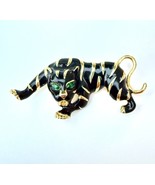 Vintage Black Enamel Panther Brooch Gold Tone Green Eyes 2.25” - $52.99