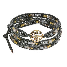 Mystic Tree of Life on Genuine Leather and Black Beads Wrap Bracelet - £20.17 GBP