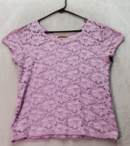Peck &amp; Peck Blouse Top Womens Medium Purple Lace Overlay Short Sleeve Ro... - £18.39 GBP