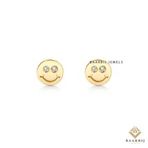 Happy face stud earring with diamond , 14k solid gold face earring, emoj... - $551.53 CAD