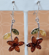 Multicolor Baltic Amber Flower Earrings in 925 Sterling Silver, 2 Inches Long - £27.50 GBP