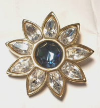 Vintage S.A.L. Signed Gold Tone Swarovski &amp; Aqua Crystal Flower 18 KGP Brooch - £34.34 GBP