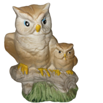 Owl Figurine Mother and Baby on Branch Ceramic Air Brushed Light Brown Owls - $14.84