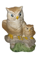 Owl Figurine Mother and Baby on Branch Ceramic Air Brushed Light Brown Owls - £11.84 GBP
