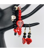 Black Red Sugar Skull 2 Strand Bracelet  Earrings Set Rhinestones Silver... - £31.59 GBP
