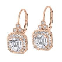 14K Argent Plaqué or Rose Asscher Coupe Imitation Diamant Ancien Goutte Boucles - £106.18 GBP