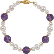 14k Yellow Gold Freshwater Cultured Pearl and Amethyst Bracelet - £276.00 GBP