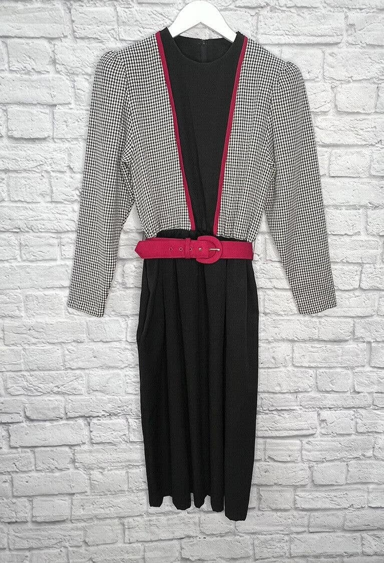 Vintage EJM Women&#39;s M Black Plaid A-Line Dress Pink Belt Long Sleeve 80s - $39.55