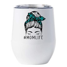 Custom Cool Mom Life Tumbler 12oz Messy Bun Hair Cute Women Green Bandana White  - $22.72