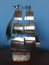 Vintage 12&quot; Mario Jason Steel / Brass Marble agate Stone Sailing Ship Sculpture - £59.53 GBP