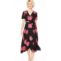 Alfani Womens Petite 4P Black Pink Floral Wrap Tie Waist Dress NWT CA34 - £39.11 GBP