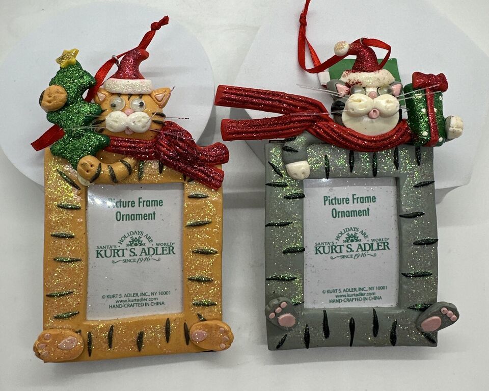 Kurt S. Adler Set of 2 Cat Glitter Picture Frame Christmas Ornaments D1153 - $21.03