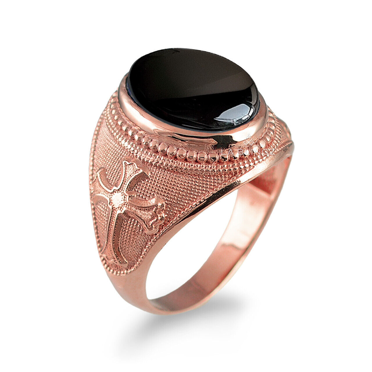 10K Gold Fleur-de-Lis Cross Black Onyx Oval Gemstone Ring Item image 4