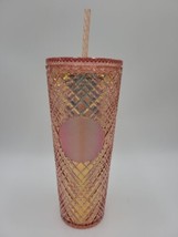 Starbucks 2021 Holiday Jeweled Tumbler Cold Cup 24oz Rose Gold Pink Diamond Grid - £31.14 GBP