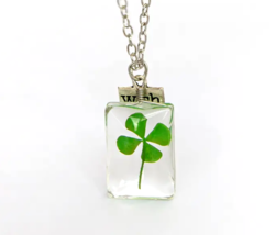 REAL Four-Leaf Clover in Acrylic Pendant Necklace Irish Luck St Patrick Day - £9.71 GBP