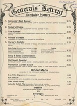 Generals&#39; Retreat Sandwich &amp; Dinner Menu Carter&#39;s Court Franklin Tennessee  1981 - £22.31 GBP