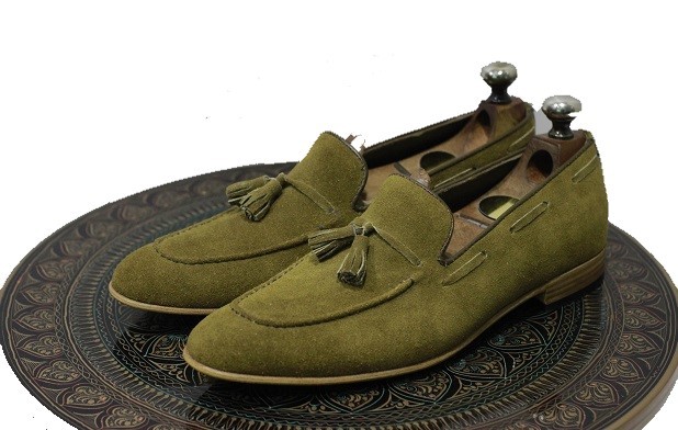 Men's Handmade Leather Shoes Olive Green Suede Leather Loafer Teasels Slip On