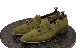 Men&#39;s Handmade Leather Shoes Olive Green Suede Leather Loafer Teasels Slip On  - £115.13 GBP