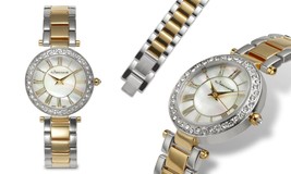 NEW Jeanneret 1433 Womens Gloria Swarovski Crystal Bezel Pearl Dial 2 Tone Watch - £23.69 GBP