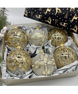 Set of transparent with gold glitter Christmas glass balls,hand painted ... - £42.58 GBP