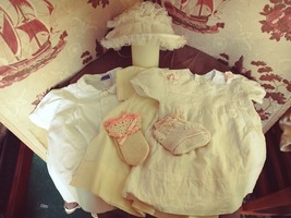 Lot of six vintage baby dresses, jacket, booties and hat.30&#39;s,40&#39;s,50&#39;s - £19.67 GBP