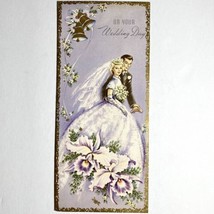 Vintage 1958 Wedding Congratulations Greeting Card Good Wishes Orchid Couple - £8.02 GBP