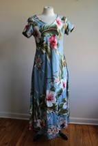 Vtg Lisa Maru M Blue Floral Hawaiian Barkcloth Short Sleeve Maxi Dress USA - £108.32 GBP