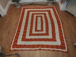 VTG Handmade Afghan Crochet Knitted Blanket 78 x 63&quot; Orange/White SOFT &amp; LARGE! - £51.27 GBP